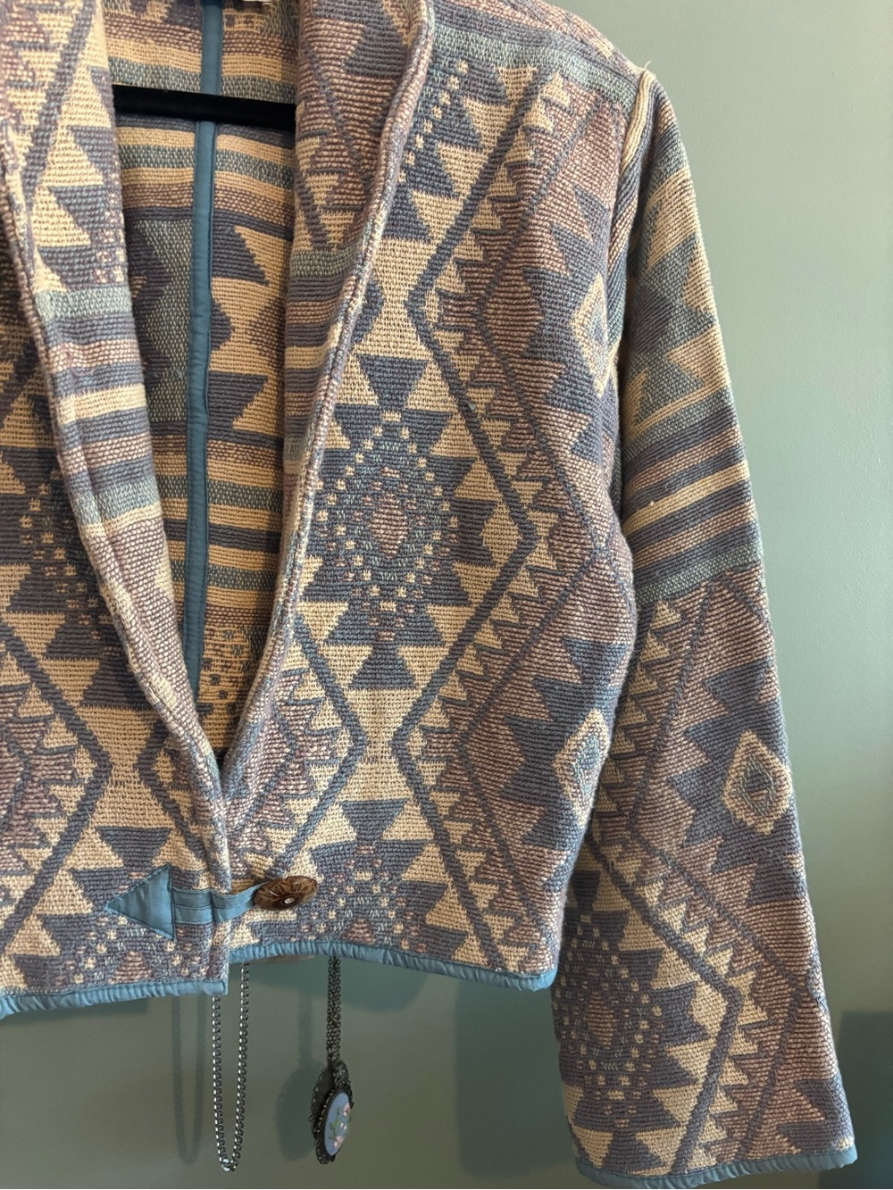 Vintage Patterned Tapestry Southwestern Cropped Jacket Beige Blue Size Small - Picture 3 of 8